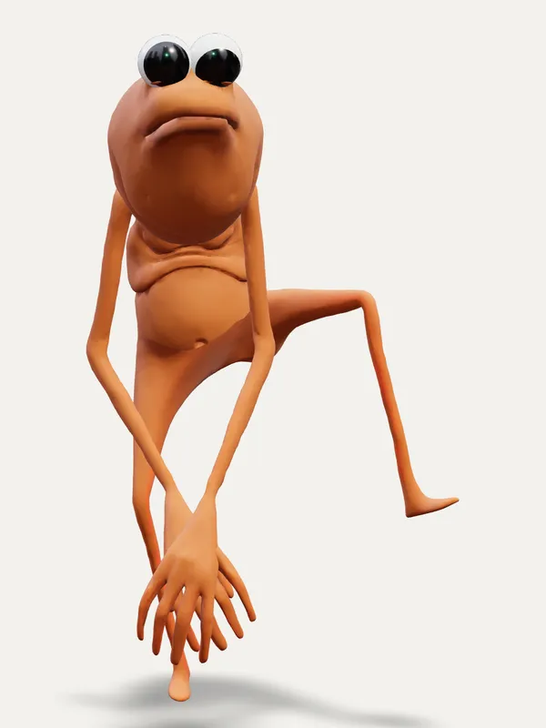 Marcus the Worm dancing, knees bent and arms out
