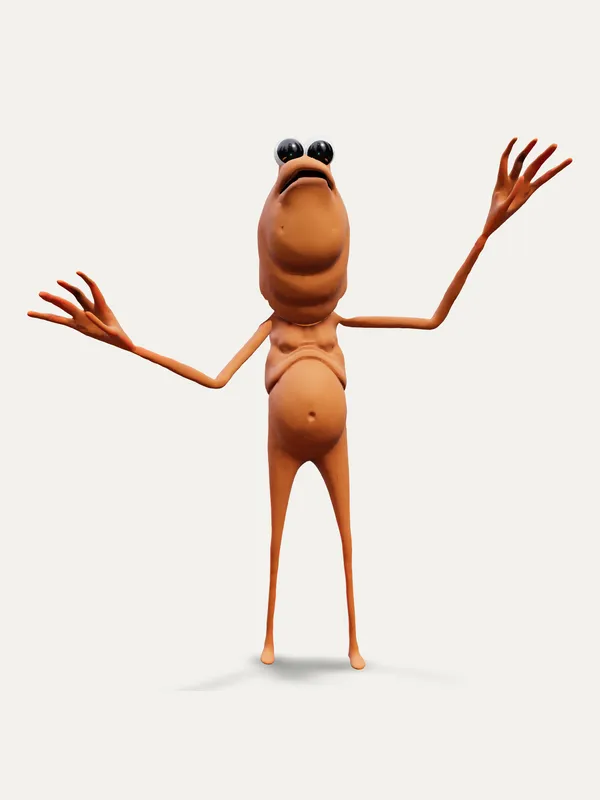 Marcus the Worm flapping both arms, mouth open, as he asks Robert for help