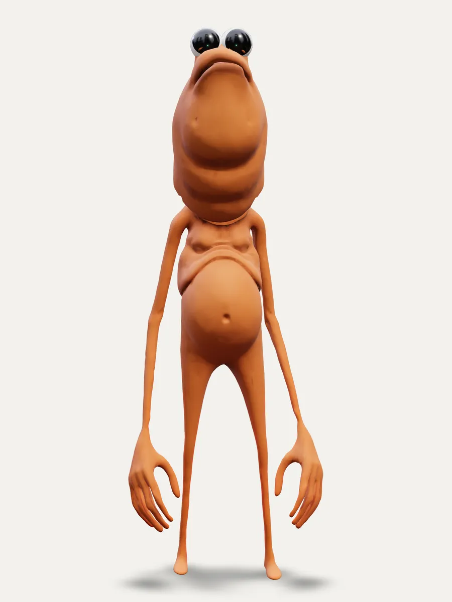 Marcus the Worm, a lanky orange 3D character with googly eyes, standing on a cream stage
